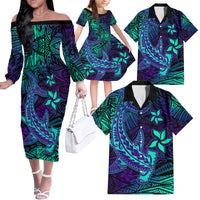 Purple Polynesian Family Matching Outfits Off Shoulder Long Sleeve Dress And Hawaiian Shirt Tribal Hammerhead Shark LT14 - Polynesian Pride