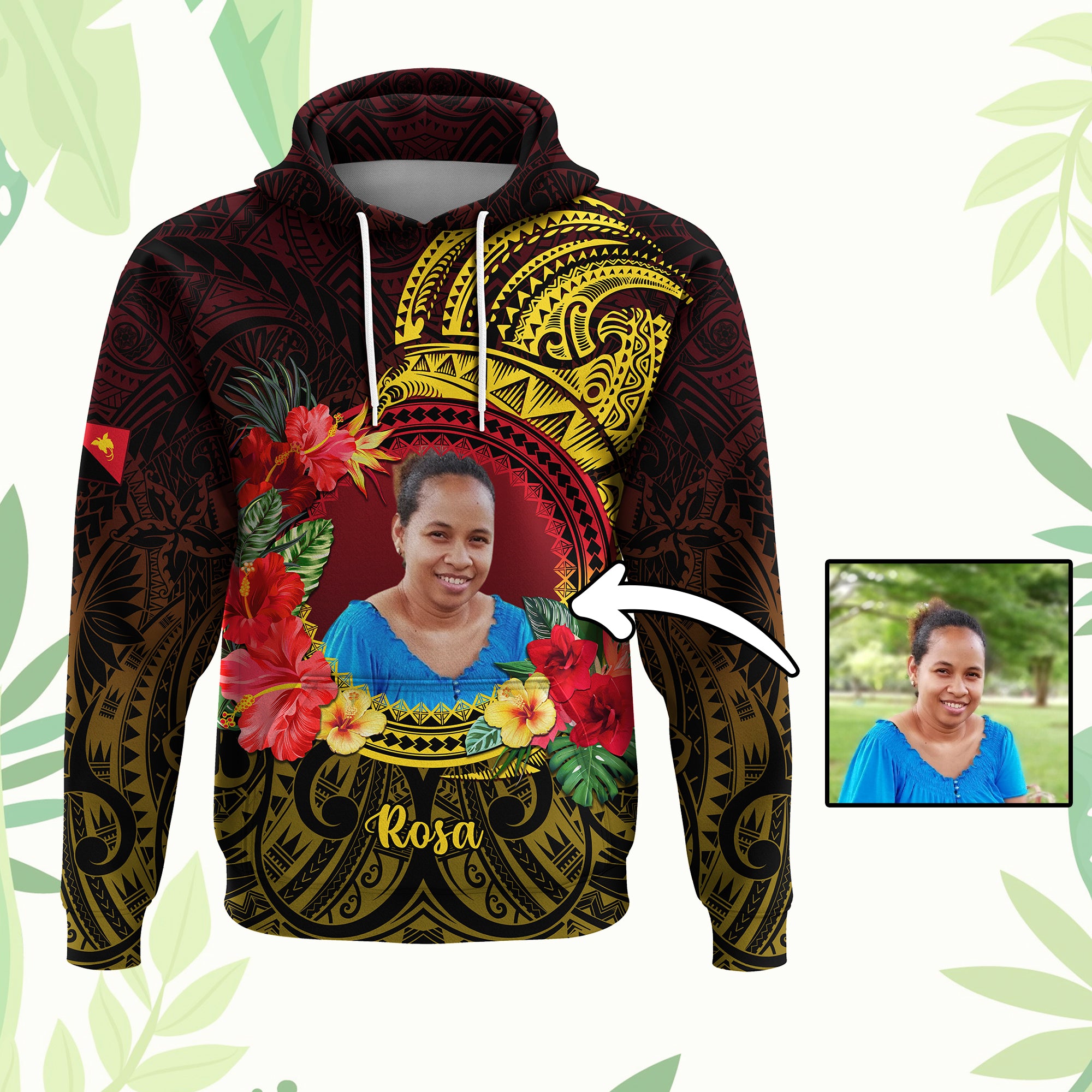 Custom Photo Papua New Guinea Hoodie Coat Of Arms Tropical Flowers Polynesian Pattern CTM05 Pullover Hoodie - Polynesian Pride