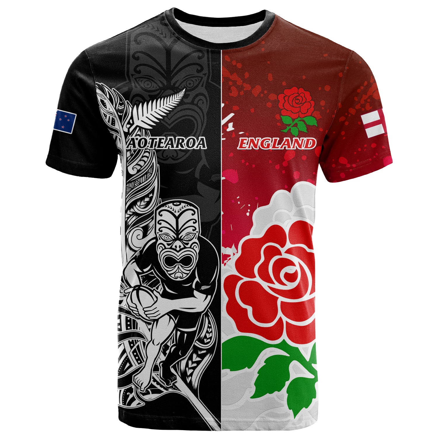 New Zealand And England Rugby T Shirt 2023 World Cup Together LT14 Black - Polynesian Pride