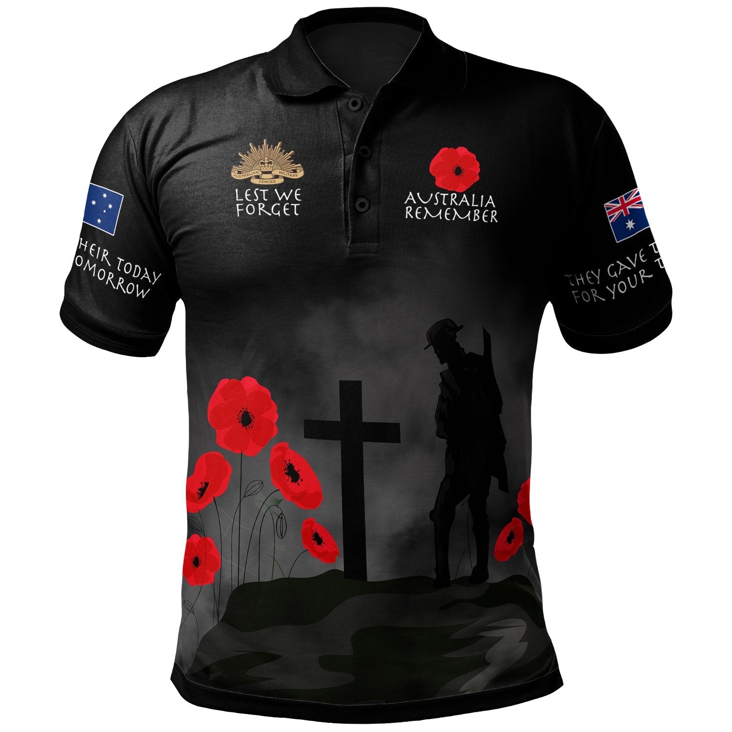 ANZAC Polo Shirt - Australia Remember Unisex Black - Polynesian Pride