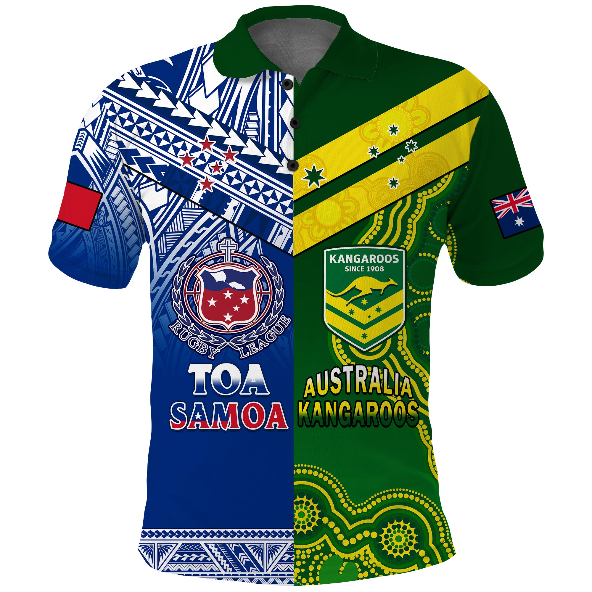 Custom Samoa Rugby and Australia Rugby Polo Shirt Toa Samoa Mix Kangaroos Pacific LT14 Art - Polynesian Pride