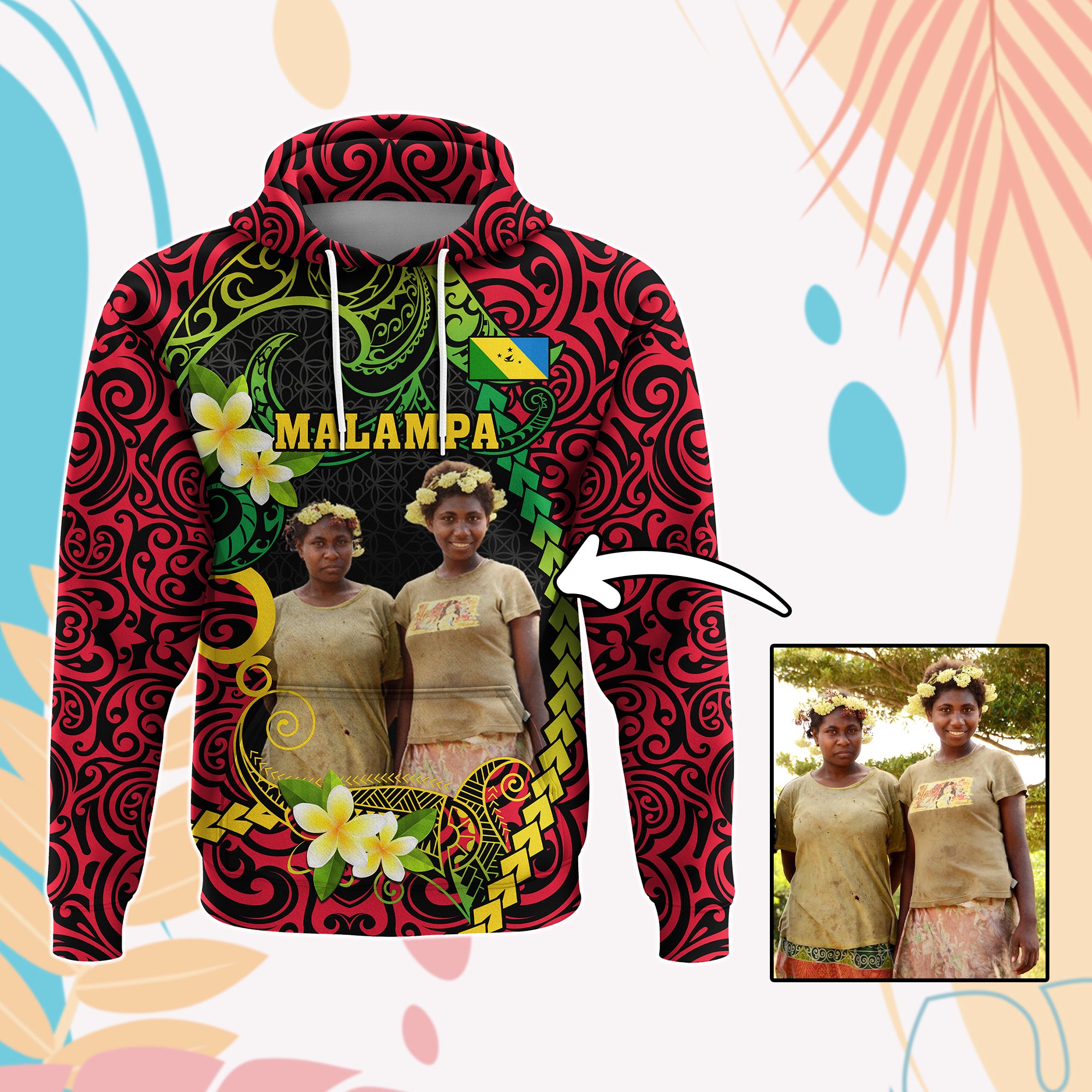 Custom Photo Vanuatu Provinces Hoodie Coat Of Arms Plumeria Polynesian Pattern CTM05 Pullover Hoodie - Polynesian Pride