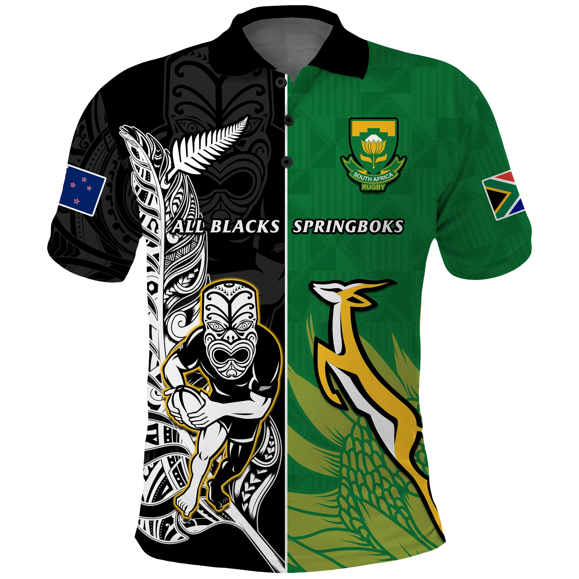 Custom New Zealand and South Africa Rugby Polo Shirt All Black Maori Mix Springboks LT14 Black - Polynesian Pride