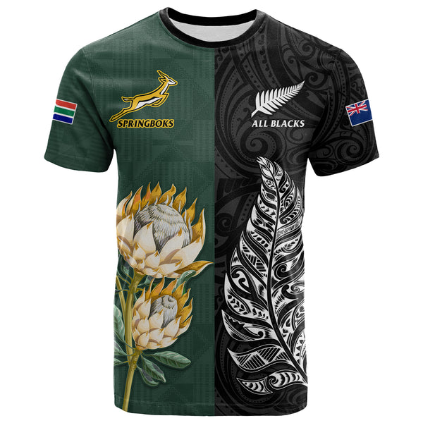 (Custom Text and Number) South Africa Protea and New Zealand Fern Long Sleeve Shirt Rugby Go Springboks vs All Black LT13 main image 0