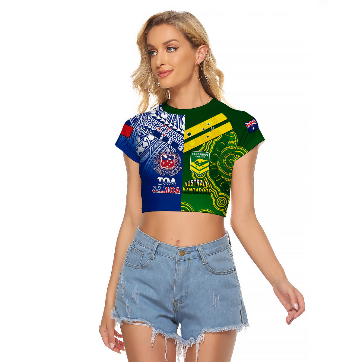 (Custom Personalised) Samoa Rugby and Australia Rugby Raglan Cropped T Shirt Toa Samoa Mix Kangaroos Pacific LT14 Female Art - Polynesian Pride