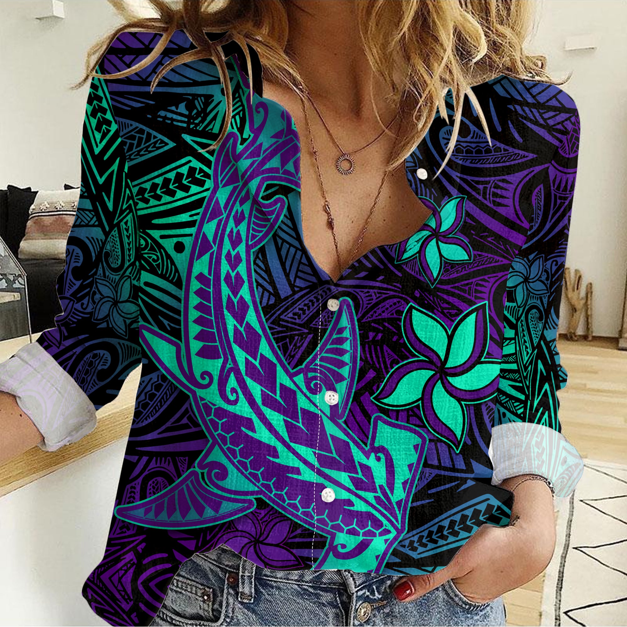 (Custom Personalised) Polynesian Women Casual Shirt Purple Paradise Hawaiian Tribal Hammerhead Shark LT14 Female Purple - Polynesian Pride