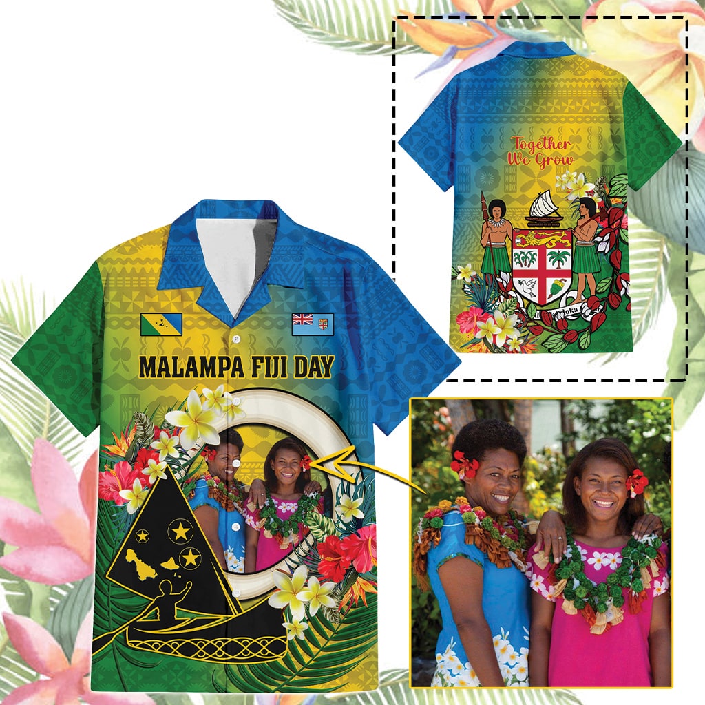 Custom Photo Malampa Fiji Day Hawaiian Shirt Together We Grow Coat Of Arms Tropical Flowers CTM14