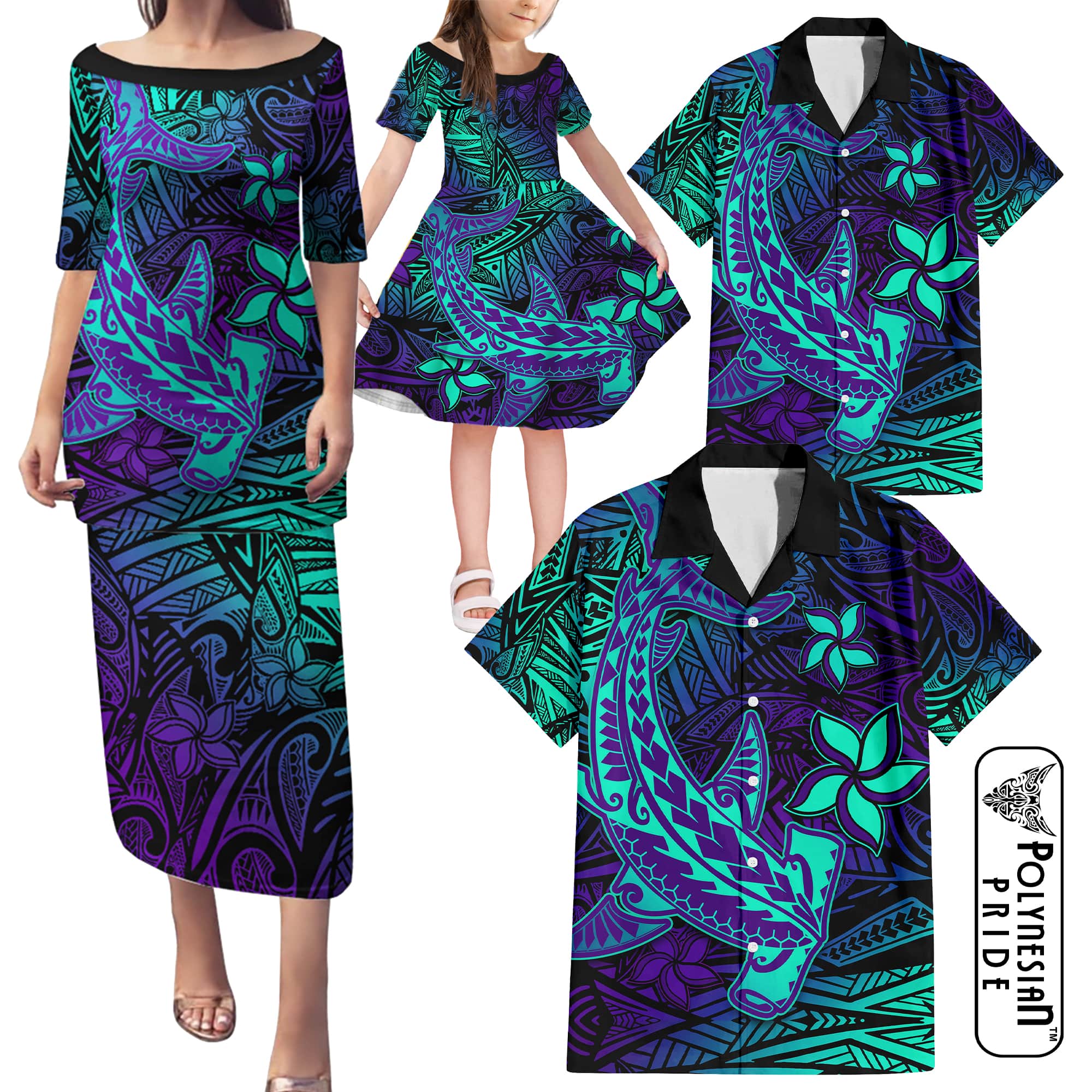 Purple Polynesian Family Matching Puletasi Dress and Hawaiian Shirt Tribal Hammerhead Shark LT14 - Polynesian Pride