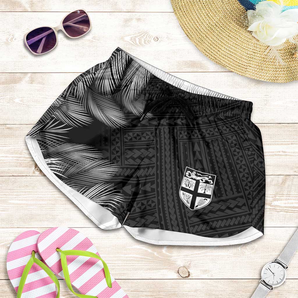 2026 Autumn Rugby Nations Fiji Shorts for Women Fijian Palm Leaf Tapa Tribal Inspired LT9 Black - Polynesian Pride