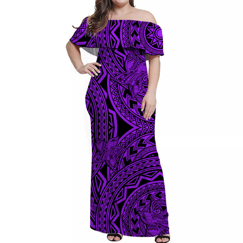 Polynesian Pride Off Shoulder Maxi Dress Polynesia Tribal Tattoo Plumeria Purple LT14 Women Purple - Polynesian Pride
