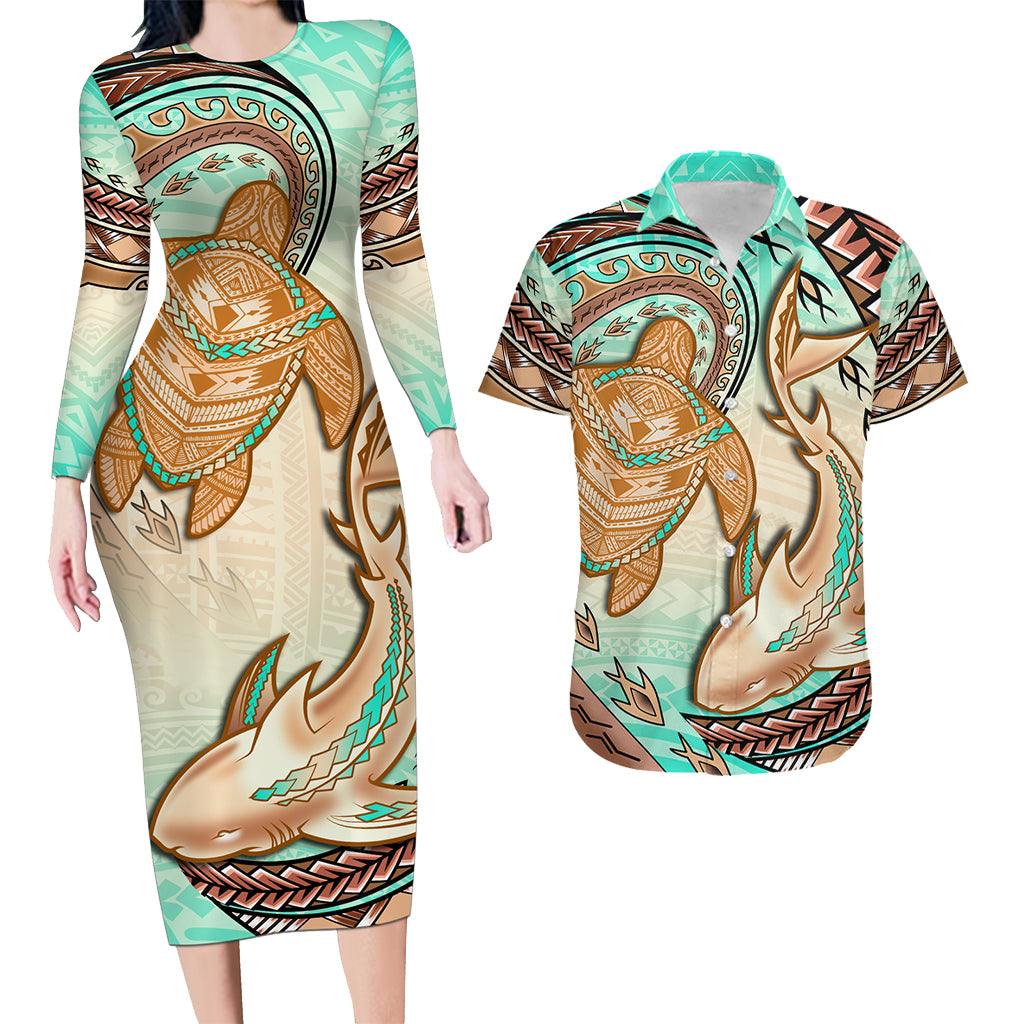 Hawaii Couples Matching Long Sleeve Bodycon Dress And Hawaiian Shirt Polynesian Shark And Sea Turtle Dreamy Turquoise LT14 Turquoise - Polynesian Pride