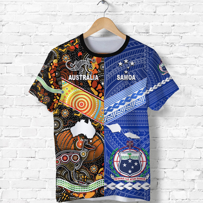 Samoa And Australia Aboriginal T Shirt Together LT8 Blue - Polynesian Pride