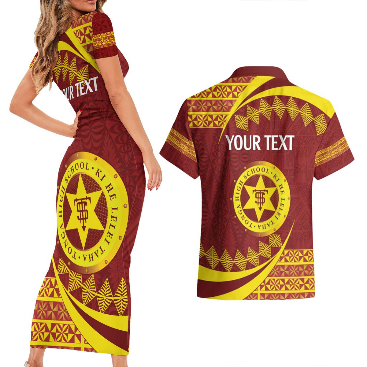 Personalised Tonga High School Couples Matching Short Sleeve Bodycon Dress and Hawaiian Shirt Happy 77 Years Anniversary LT14