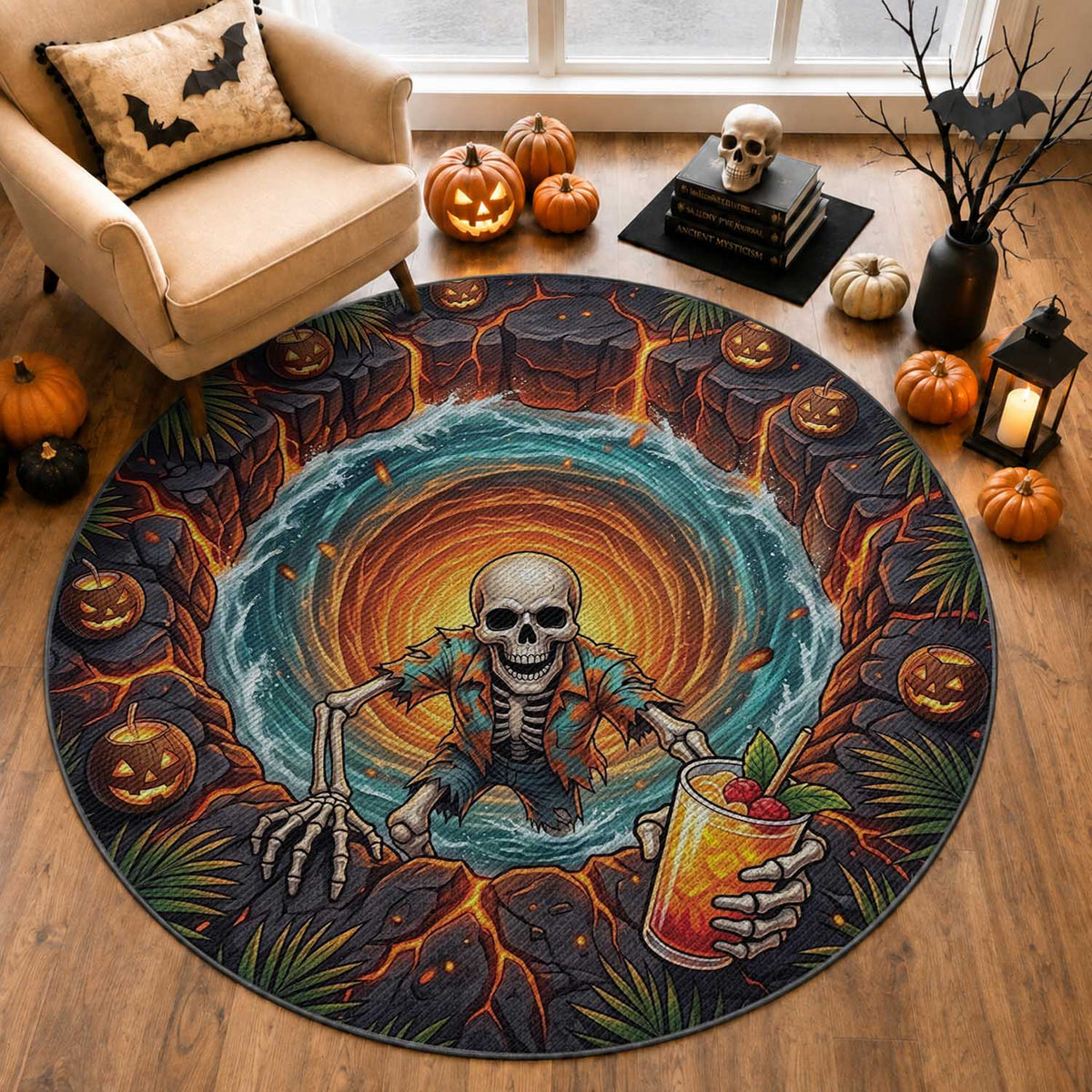 3D Illusion Hawaii Ghost Skeleton Horror Round Carpet