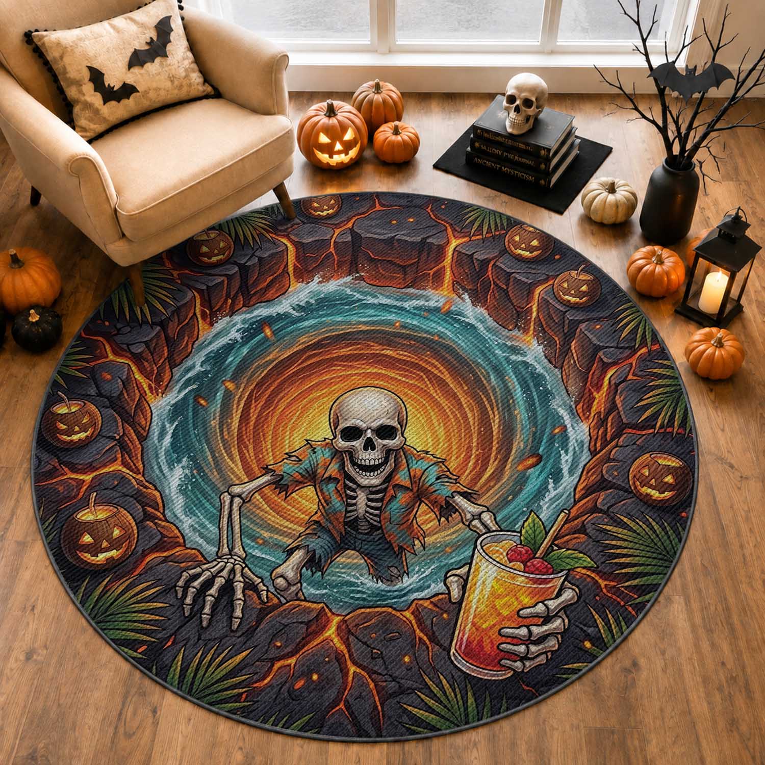 3D Illusion Hawaii Ghost Skeleton Horror Round Carpet