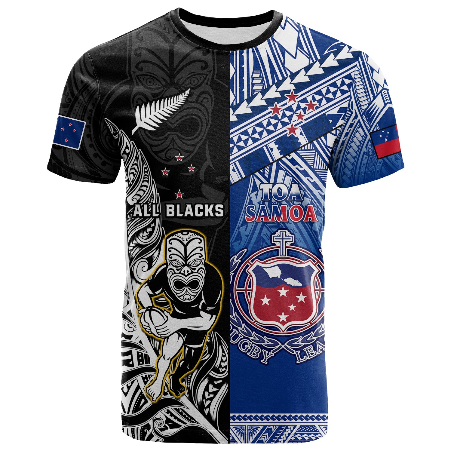 Custom All Black and Toa Samoa Rugby T Shirt NZ Maori Fern Mix Polynesian LT14 Blue - Polynesian Pride