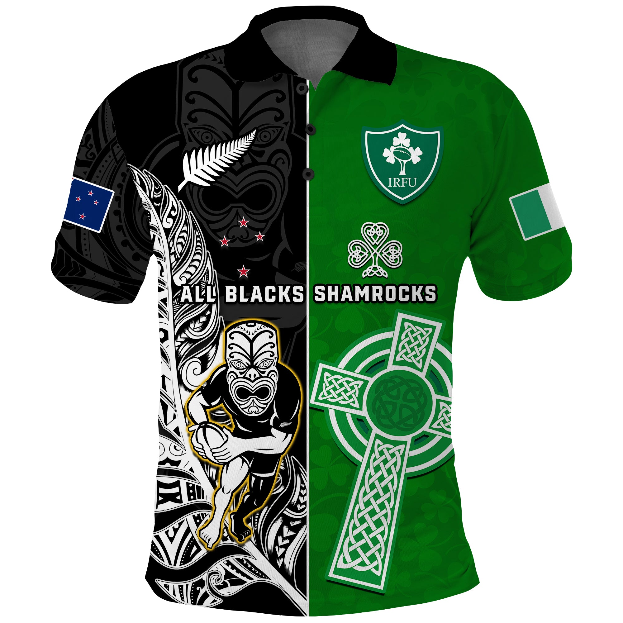 Custom New Zealand and Ireland Rugby Polo Shirt All Black Maori Mix Shamrocks LT14 Black - Polynesian Pride