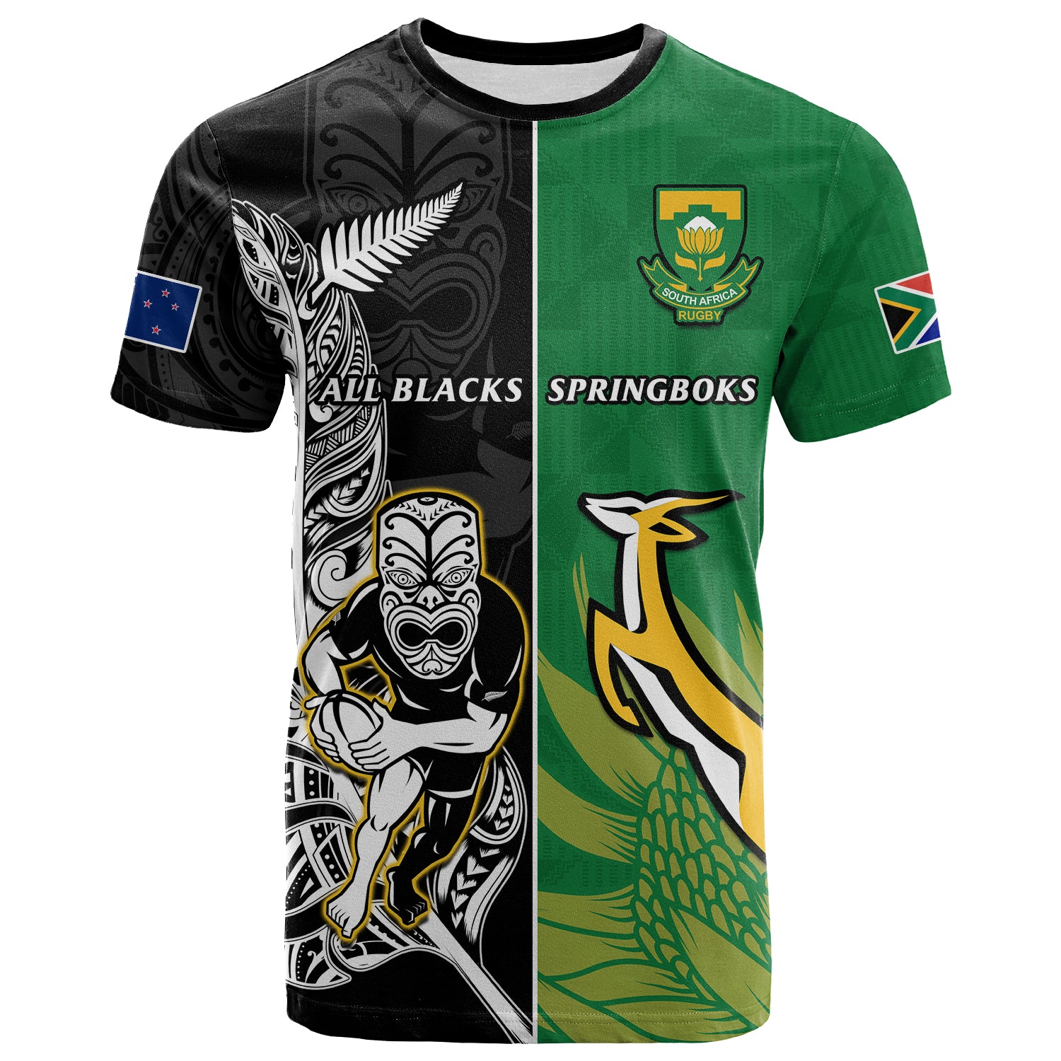 Custom New Zealand and South Africa Rugby T Shirt All Black Maori Mix Springboks LT14 Black - Polynesian Pride