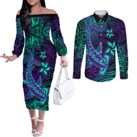 Purple Polynesian Couples Matching Off The Shoulder Long Sleeve Dress and Long Sleeve Button Shirt Tribal Hammerhead Shark LT14 Purple - Polynesian Pride