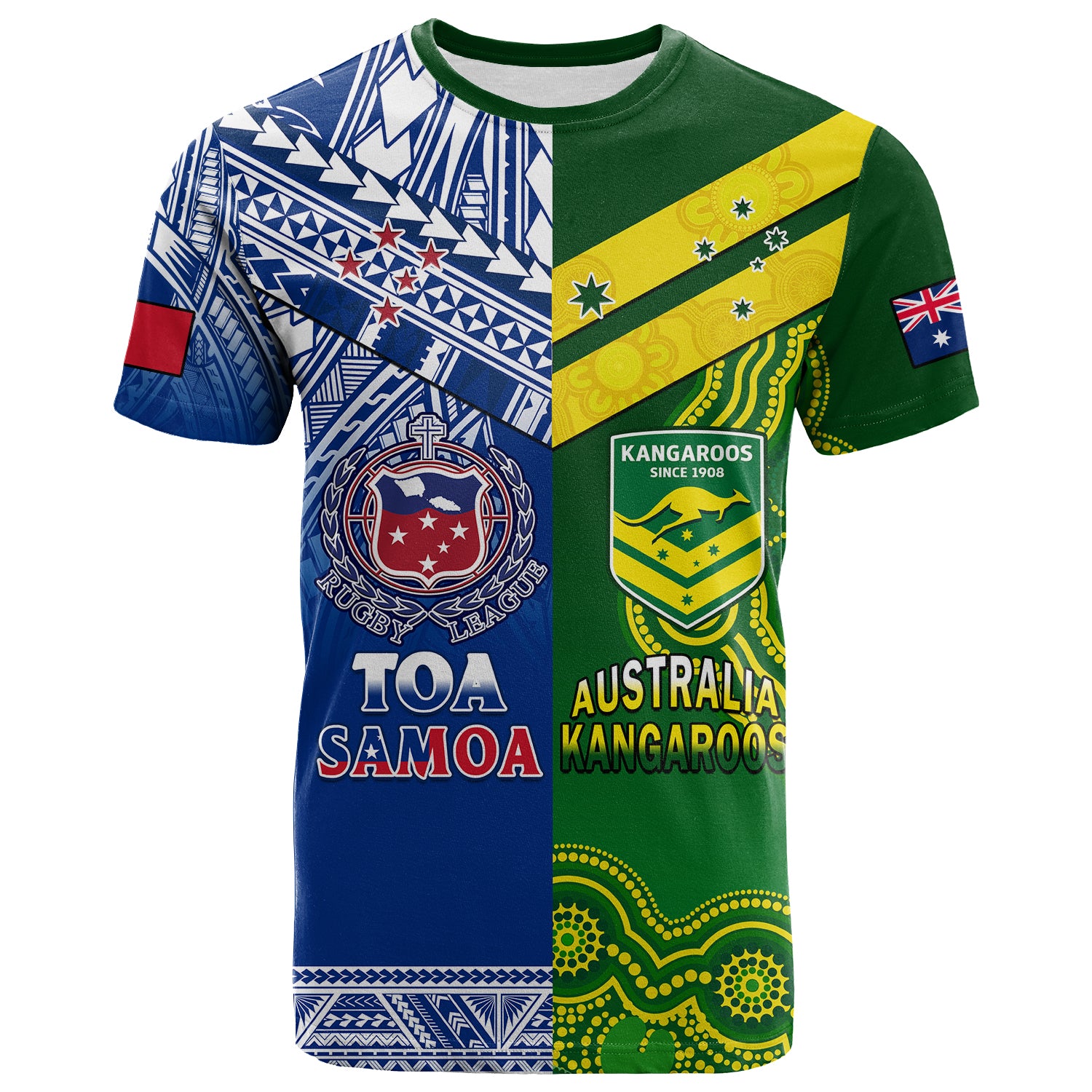 Custom Samoa Rugby and Australia Rugby T Shirt Toa Samoa Mix Kangaroos Pacific LT14 Art - Polynesian Pride