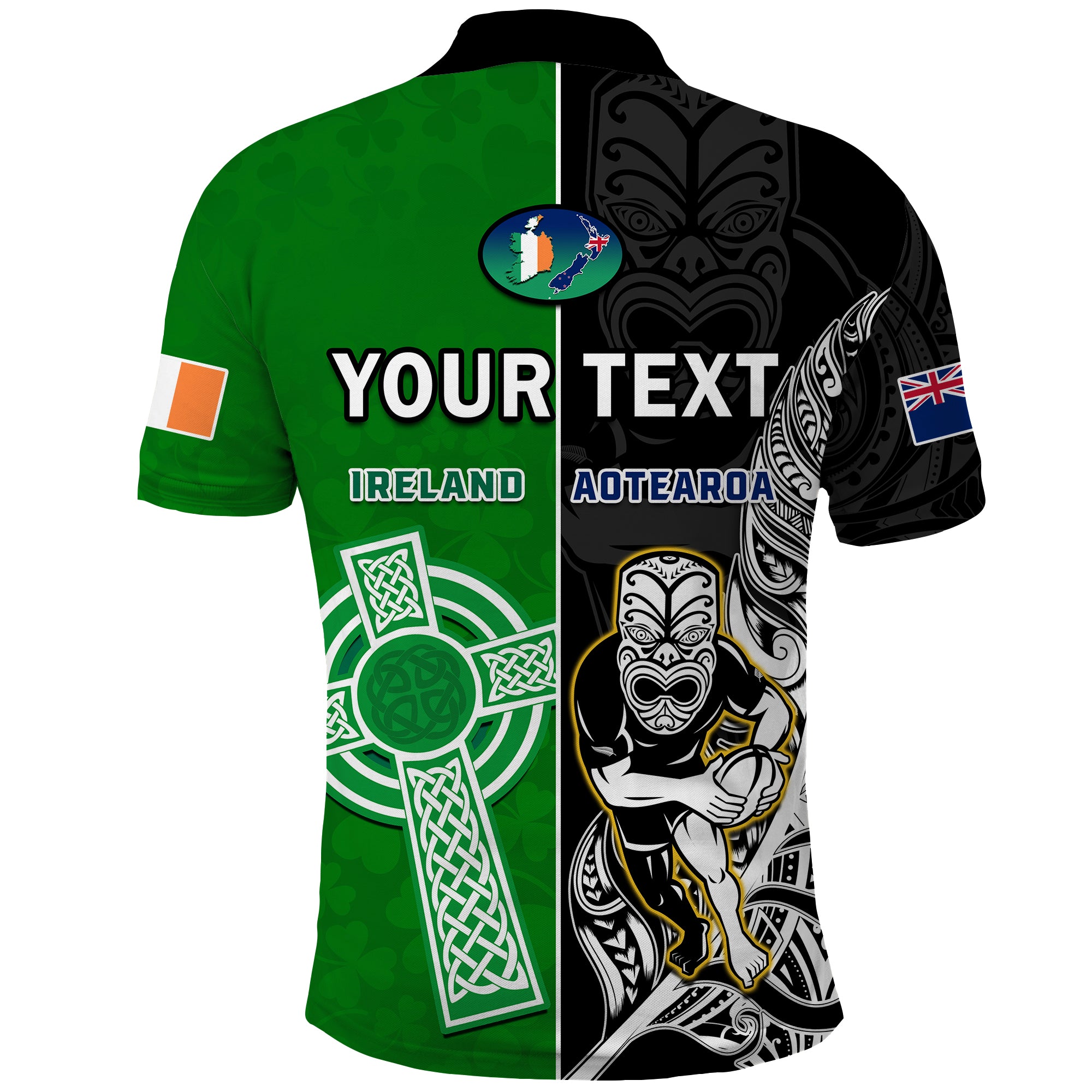 Custom New Zealand and Ireland Rugby Polo Shirt All Black Maori Mix Shamrocks LT14 - Polynesian Pride