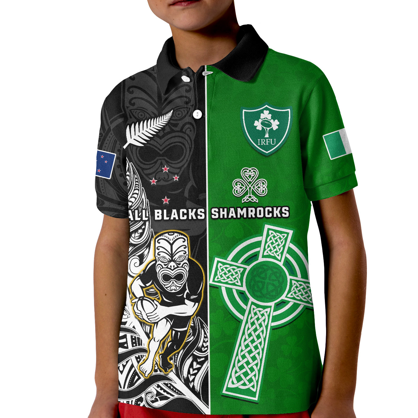 Custom New Zealand and Ireland Rugby Polo Shirt All Black Maori Mix Shamrocks LT14 - Polynesian Pride
