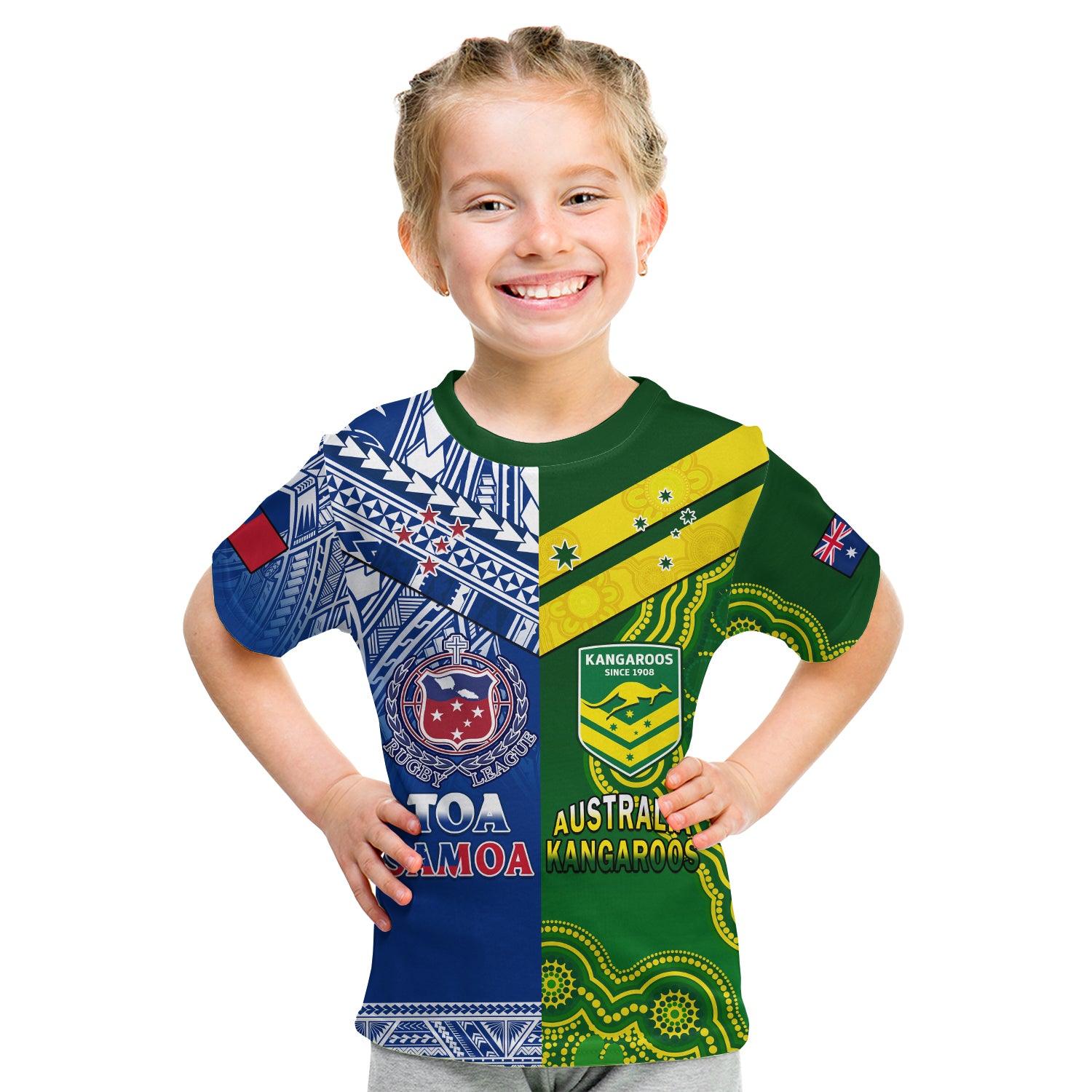 (Custom Personalised) Samoa Rugby and Australia Rugby T Shirt KID Toa Samoa Mix Kangaroos Pacific LT14 - Polynesian Pride