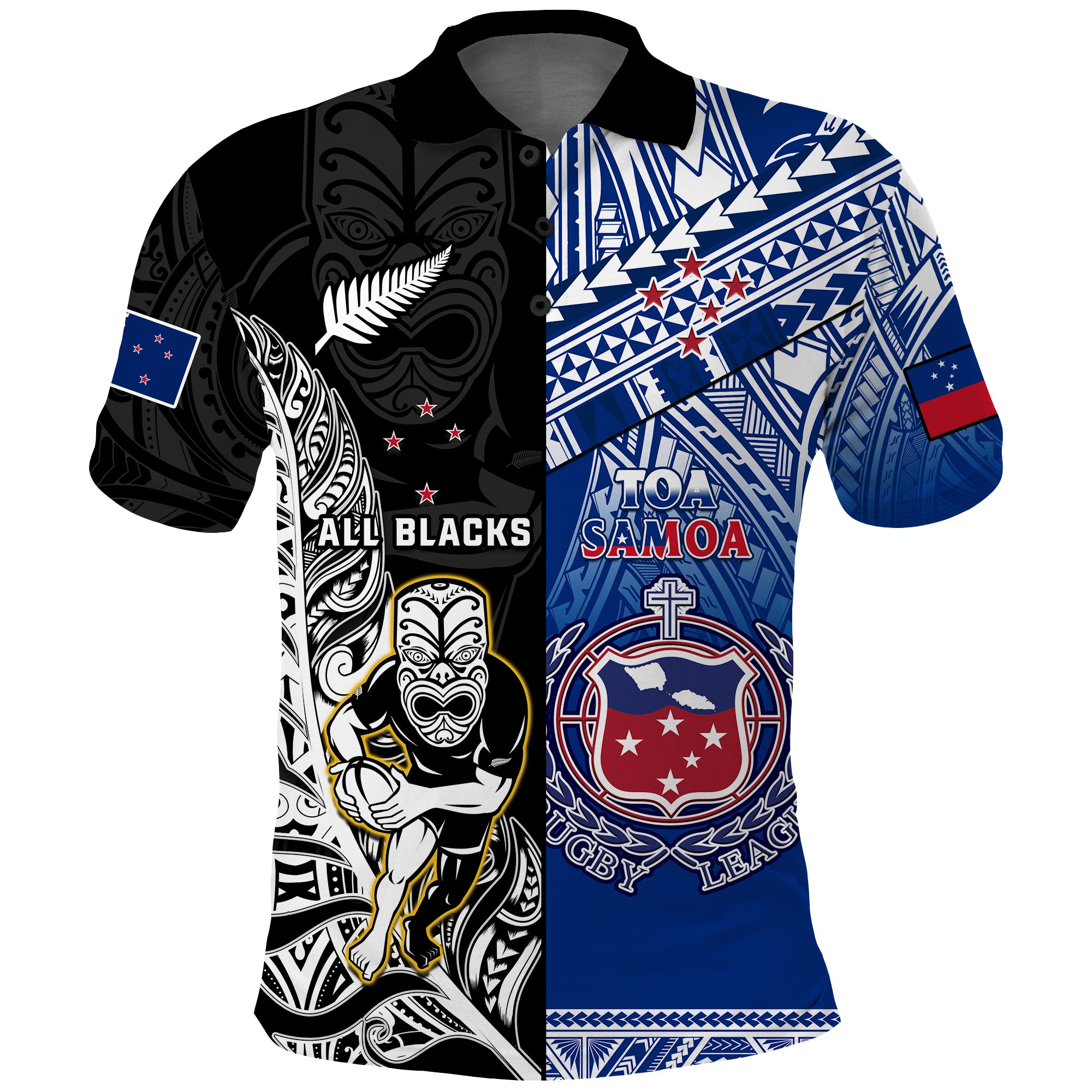 Custom All Black and Toa Samoa Rugby Polo Shirt NZ Maori Fern Mix Polynesian LT14 Blue - Polynesian Pride