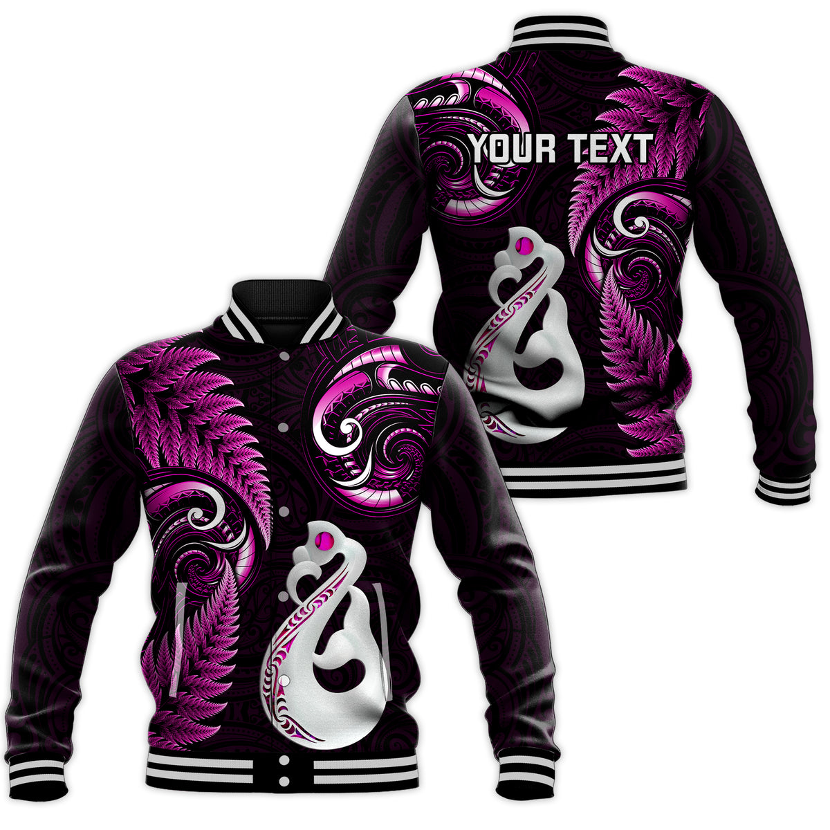 Personalised New Zealand Baseball Jacket Aotearoa Silver Fern With Manaia Maori Unique Pink LT14 - Polynesian Pride