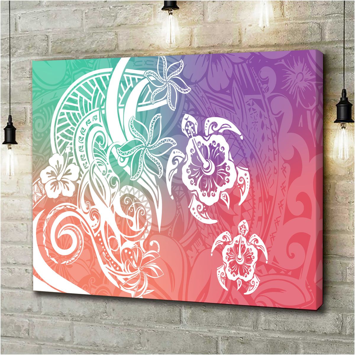 Polynesian Tribal Plumeria and Sea Turtle Tattoo Canvas Wall Art Blossom Style LT9 - Polynesian Pride