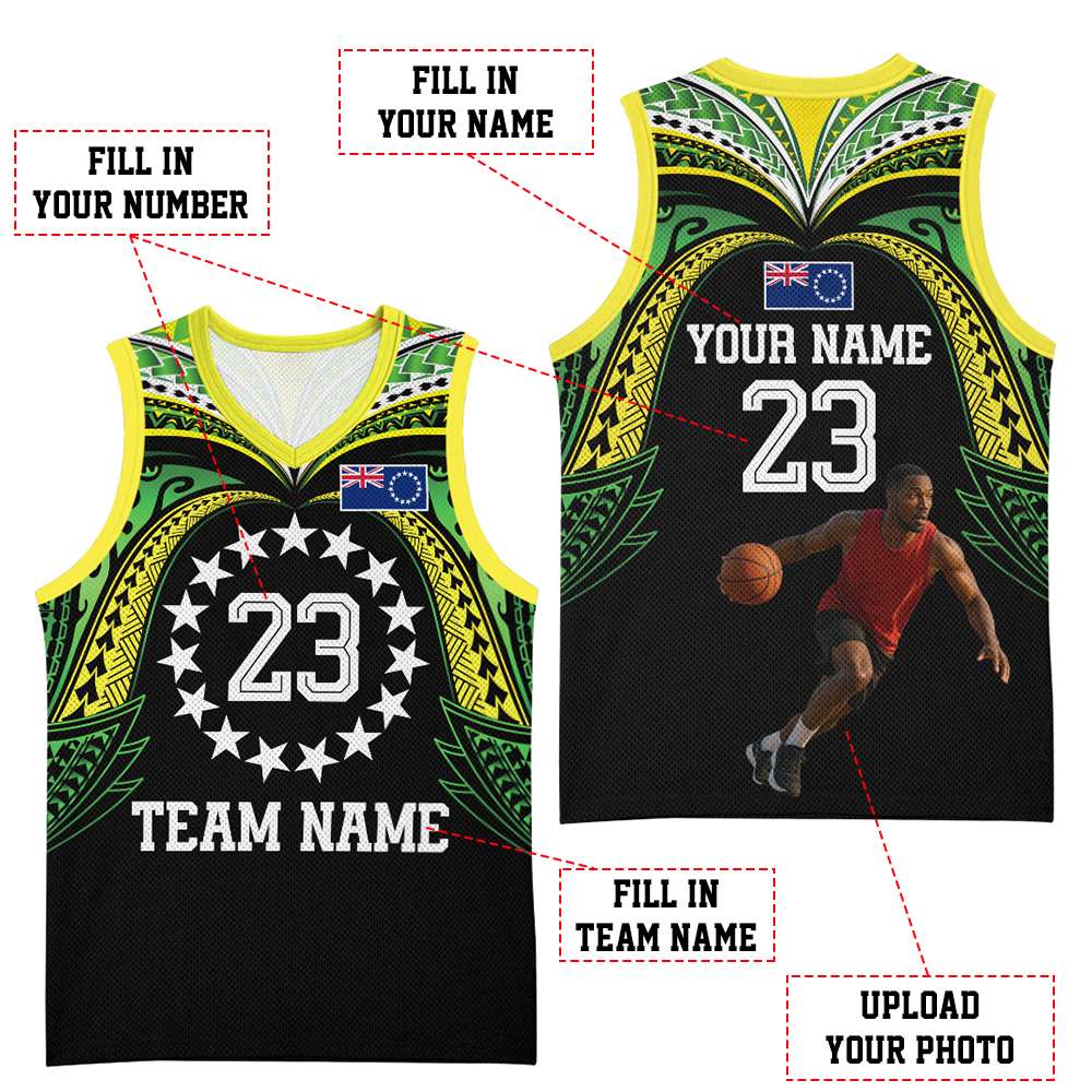 Custom Photo Cook Islands Basketball Jersey Tatau Tribal Motifs Black Color