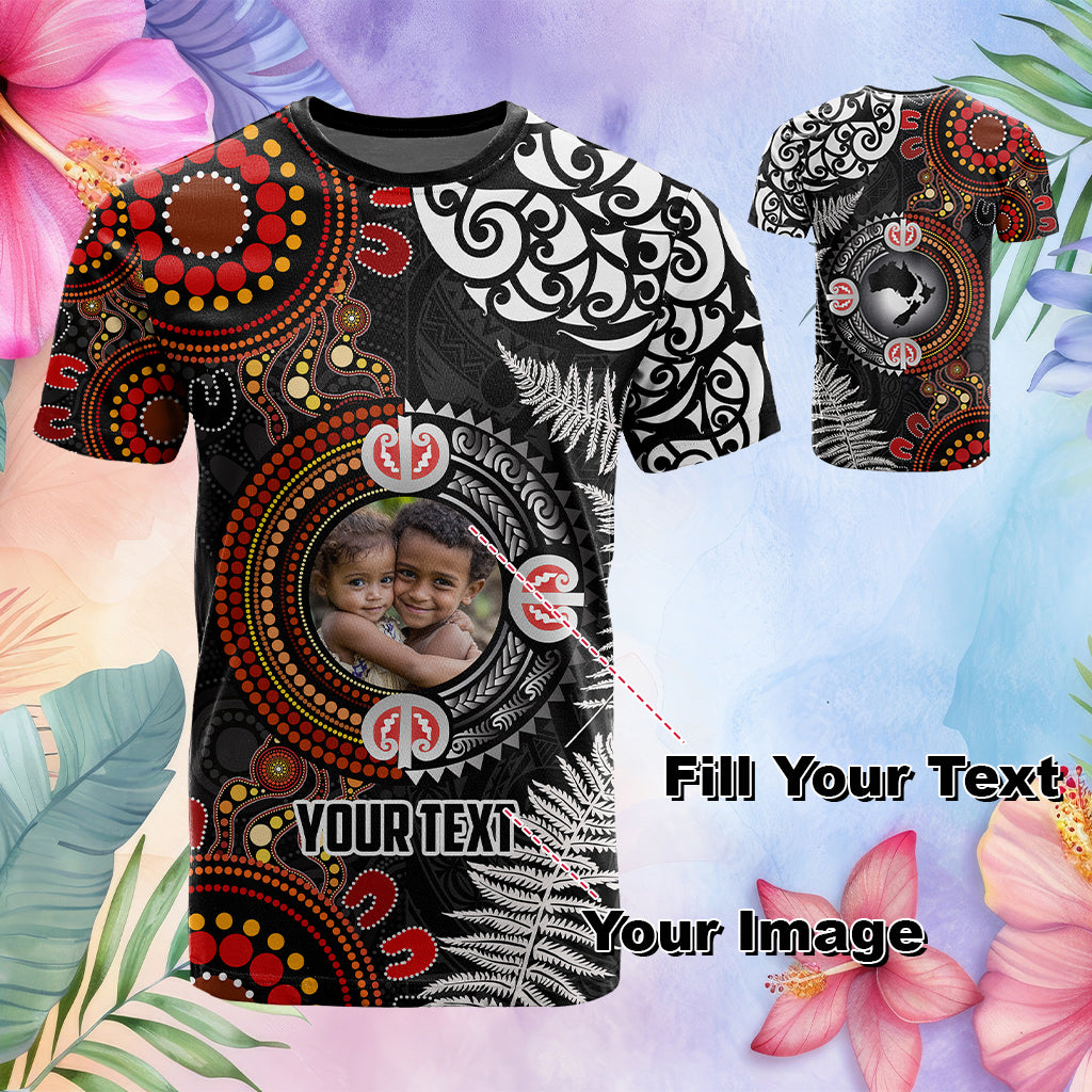 Custom Photo Australia and New Zealand Together T Shirt Aboriginal and Maori Art Tattoo