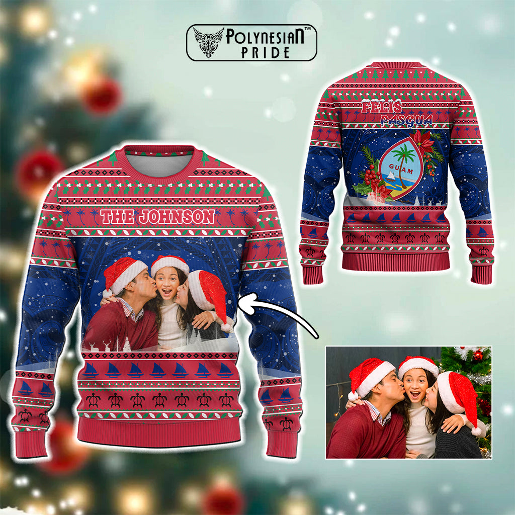 Custom Photo Guam Christmas Knitted Sweatshirt Guaman Seal Poinsettia Felis Pasgua