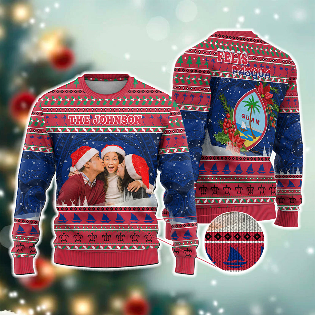 Custom Photo Guam Christmas Knitted Sweatshirt Guaman Seal Poinsettia Felis Pasgua