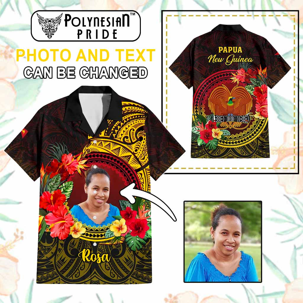 Custom Photo Papua New Guinea Hawaiian Shirt Coat Of Arms Tropical Flowers Polynesian Pattern CTM05