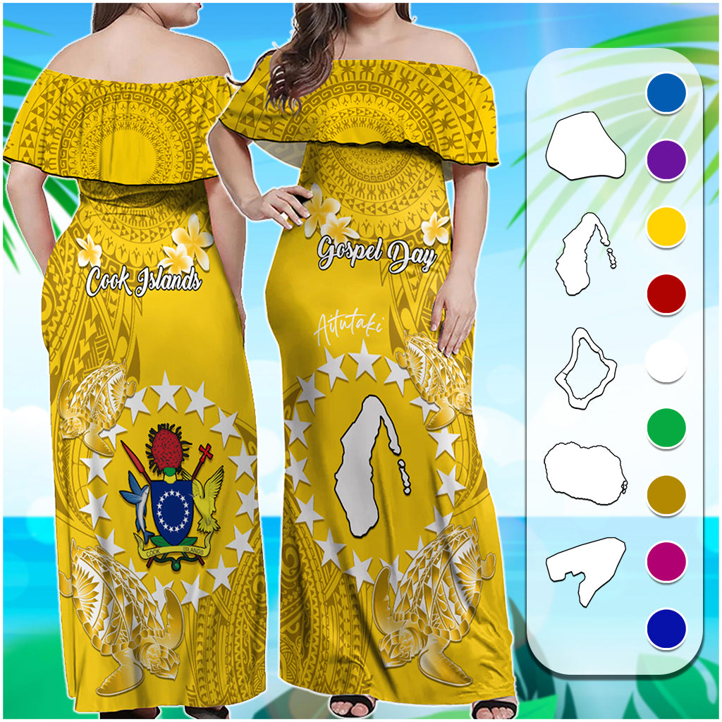 Custom Cook Islands Gospel Day Off Shoulder Maxi Dress Islands Map Plumeria Polynesian Pattern