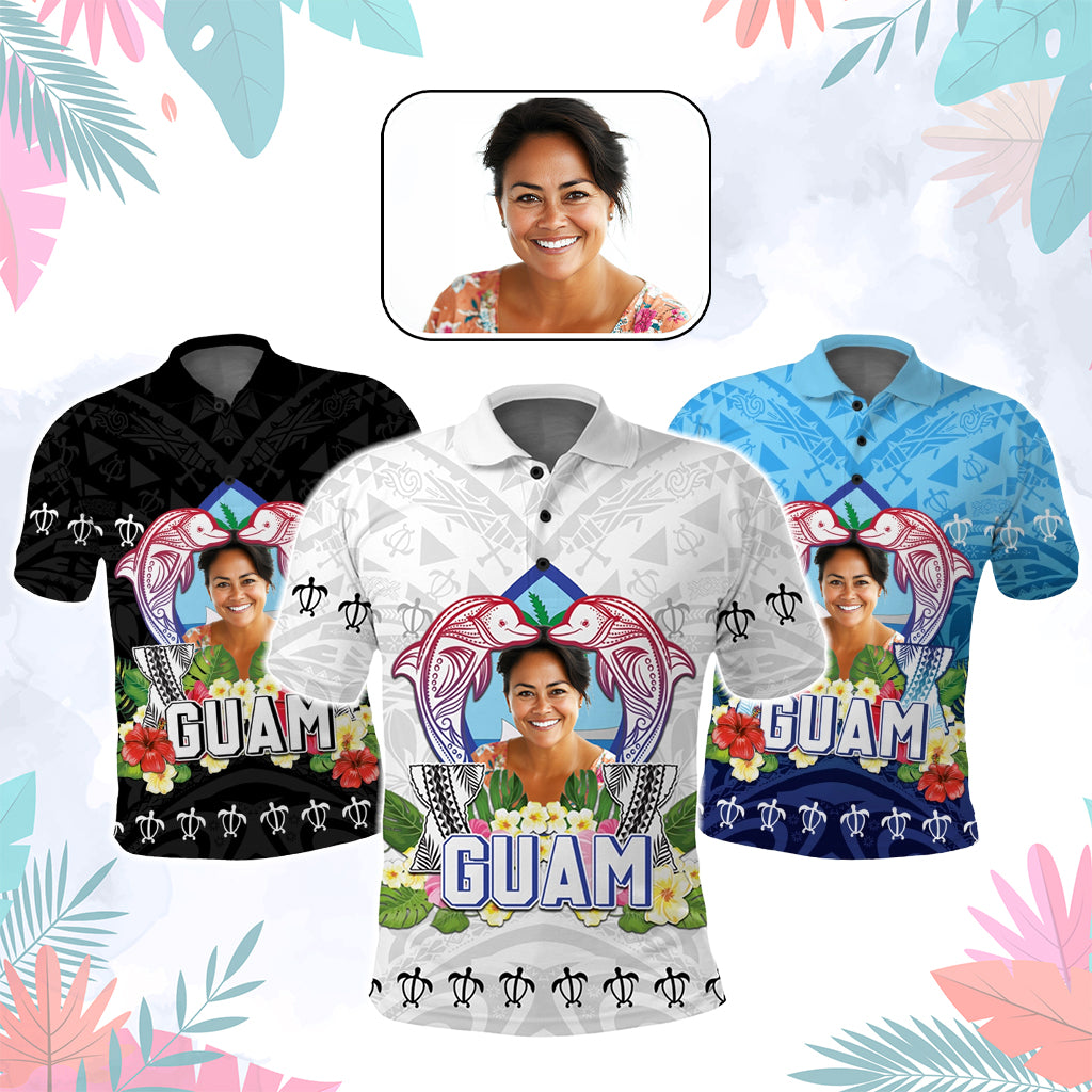 Custom Photo Guam Chamorro Polo Shirt Tribal Latte Stone With Dolphins