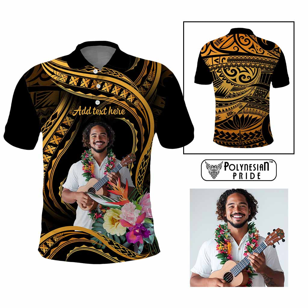 Custom Photo Pacific Tribal Tattoo Polo Shirt with Flowers Bouquet