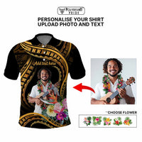 Custom Photo Pacific Tribal Tattoo Polo Shirt with Flowers Bouquet