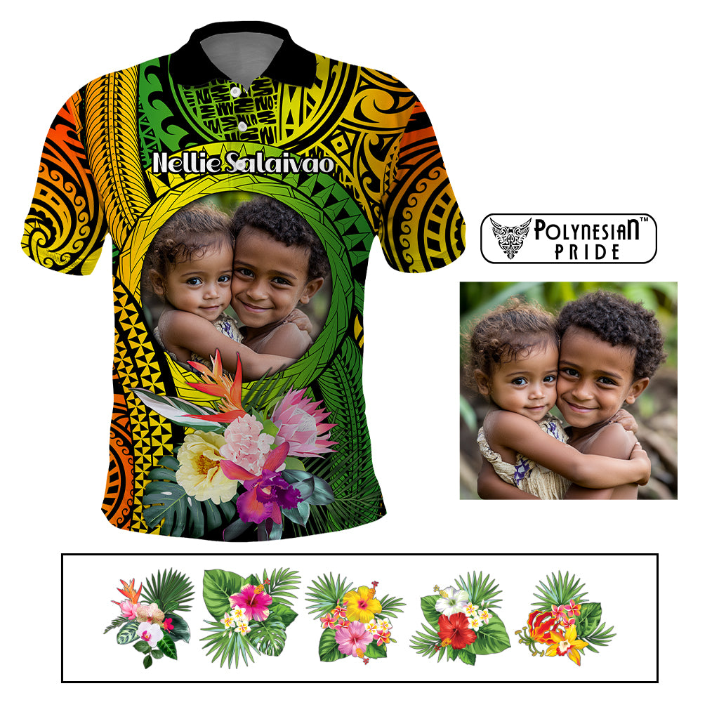 Custom Photo Polynesian Tribal Polo Shirt with Tropical Flower