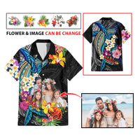 Custom Photo Polynesian Shark Tattoo Hawaiian Shirt Beauty Pacific Flowers - Polynesian Pride