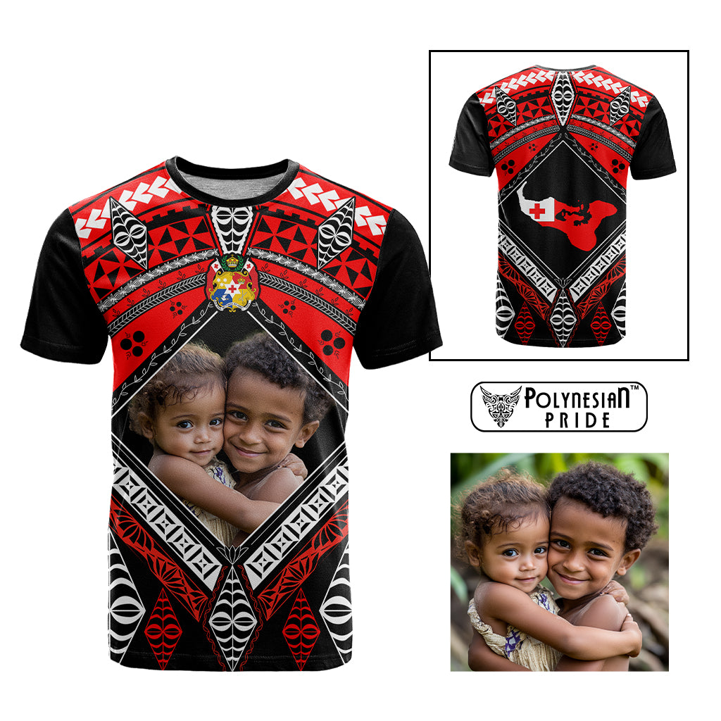 Custom Photo Tonga T Shirt Polynesian Pattern Mixed Ngatu Kupesi