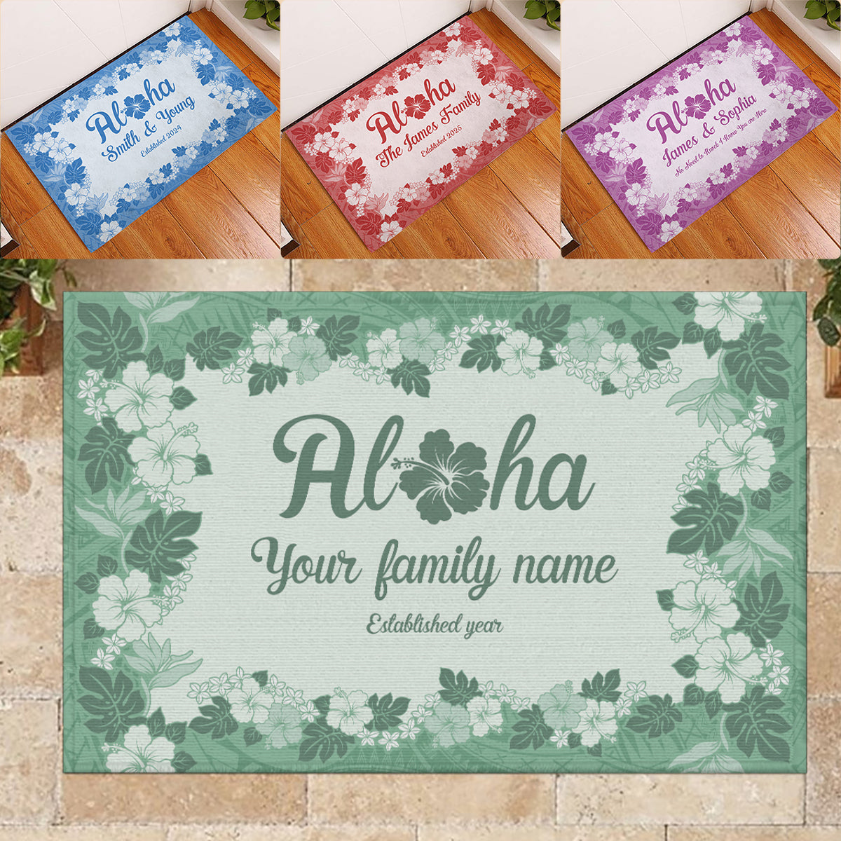 Custom Aloha Welcome Rubber Doormat with Family Name Hawaiian Tribal Tapa Pattern