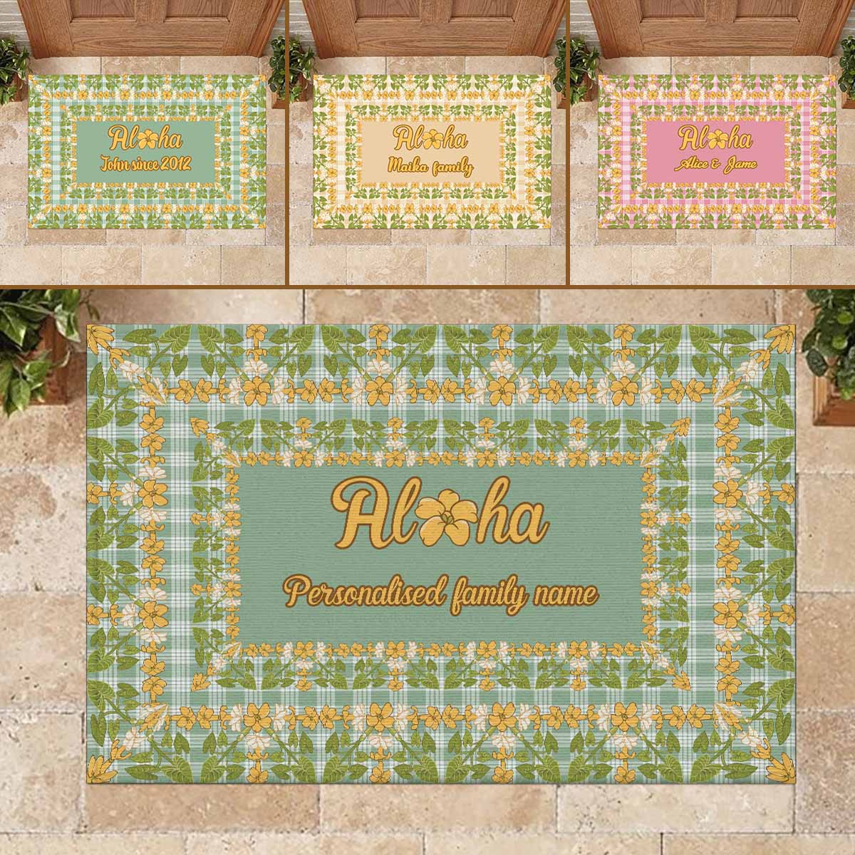 Custom Aloha Welcome Door Mats with Family Name Squares Puakenikeni Kalo Palaka Pattern CTM09