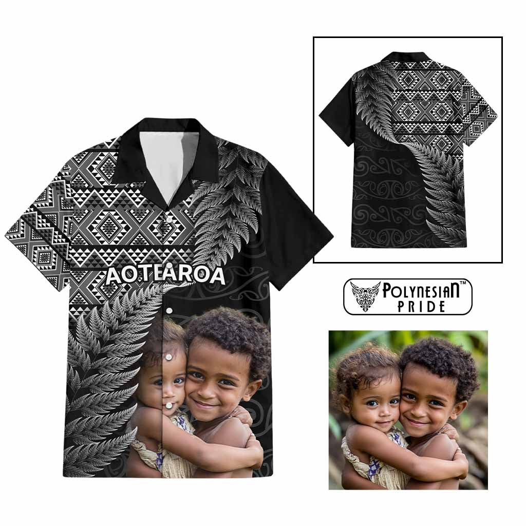 Custom Upload Image Aotearoa Silver Fern Hawaiian Shirt Black Taniko Motif