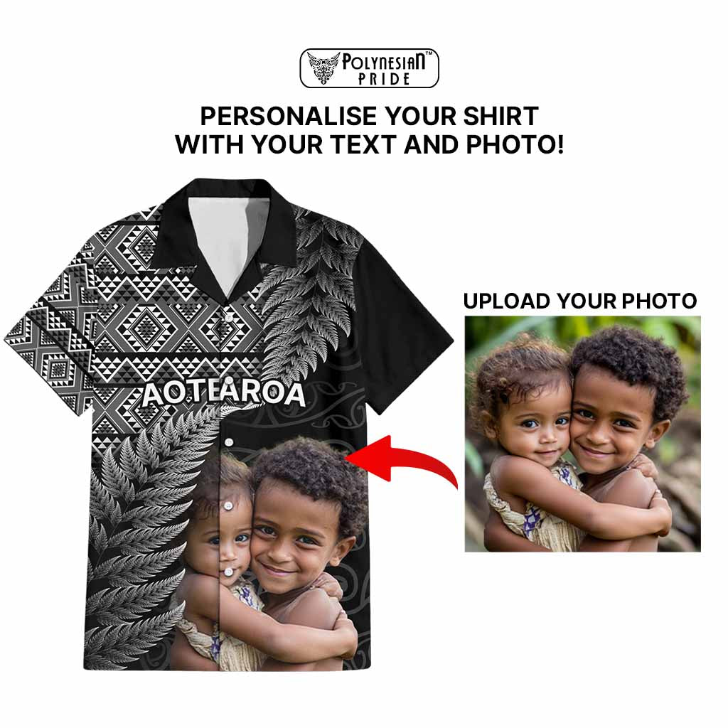 Custom Upload Image Aotearoa Silver Fern Hawaiian Shirt Black Taniko Motif