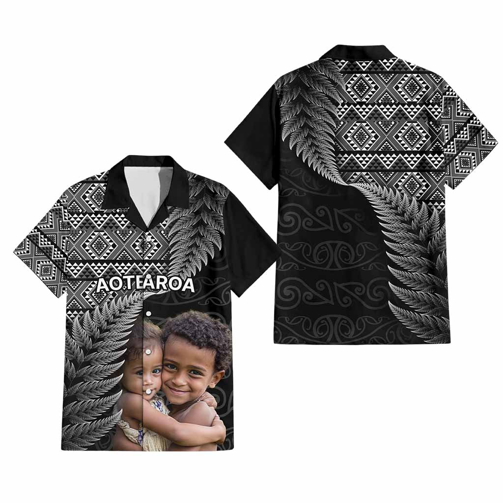 Custom Upload Image Aotearoa Silver Fern Hawaiian Shirt Black Taniko Motif