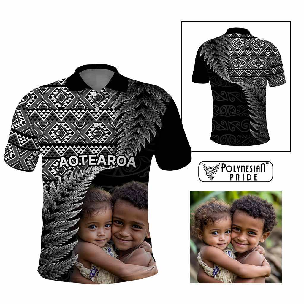 Custom Upload Image Aotearoa Silver Fern Polo Shirt Black Taniko Motif