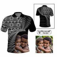 Custom Upload Image Aotearoa Silver Fern Polo Shirt Black Taniko Motif
