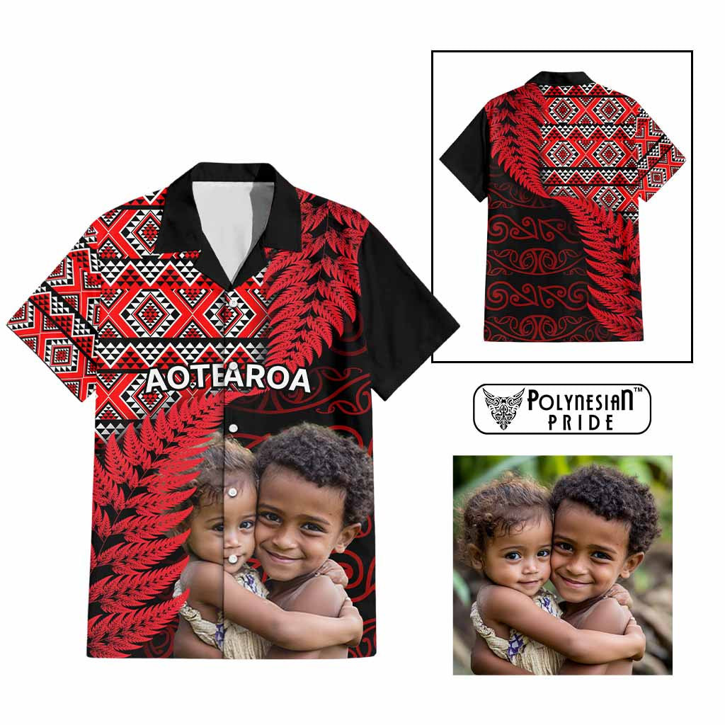 Custom Upload Image Aotearoa Silver Fern Hawaiian Shirt Red Taniko Motif